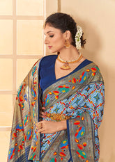 Light Blue Cotton Silk Ikkat Print Saree-3844